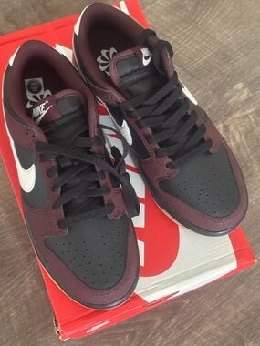 Nike Women’s Low-Dunk  Sneakers - Black & Burgundy with White Swoosh